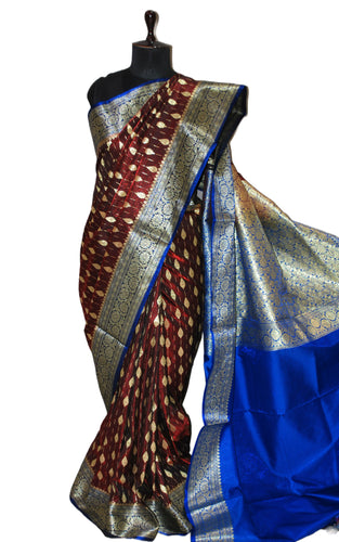 Blended Kadiyal Katan Silk Patta Buti Banarasi Saree in Umber Brown and Azure Blue