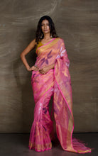 Traditional Soft Muslin Jamdani Saree in Pink, Gold, Navy Blue and White