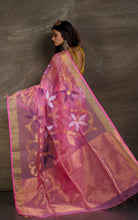 Traditional Soft Muslin Jamdani Saree in Pink, Gold, Navy Blue and White