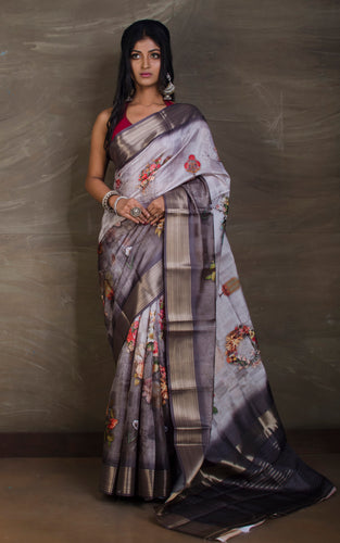 Digital Printed Silk Linen Saree in Metallic Grey and Light Grey - Bengal Looms India