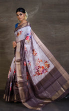 Digital Printed Silk Linen Saree in Light Grey and Coffee Brown