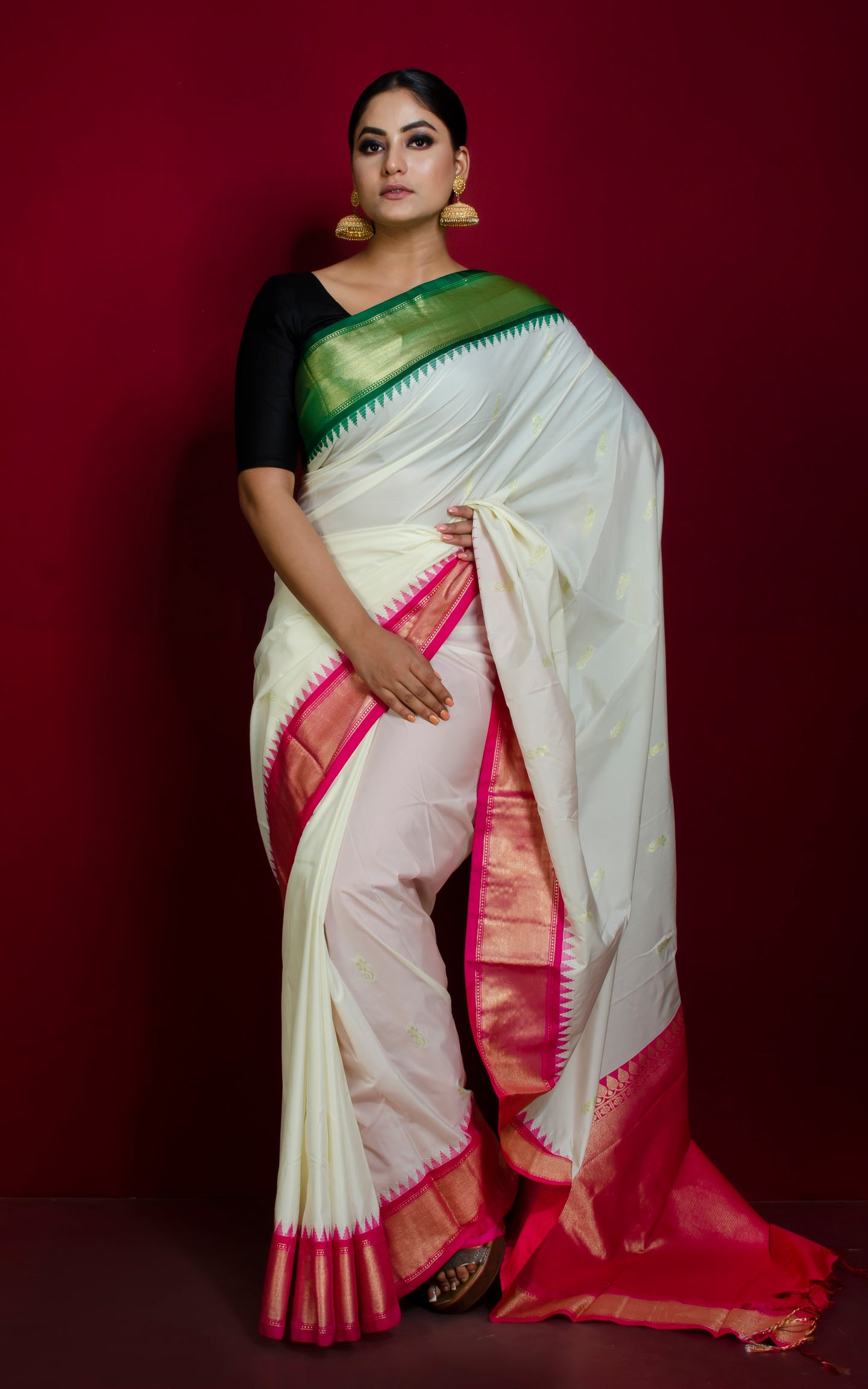 Blended Gadwal Silk Saree in Off White, Dark Green and Hot Pink