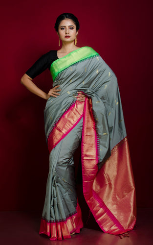 Blended Gadwal Silk Saree in Smoke Grey, Spring Green and Hot Pink