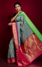Blended Gadwal Silk Saree in Smoke Grey, Spring Green and Hot Pink
