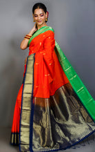 Blended Gadwal Silk Saree in Bright Orange, Seafoam Green and Navy Blue