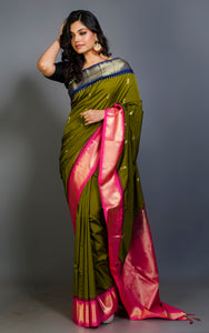 Blended Gadwal Silk Saree in Olive Green, Midnight Blue and Hot Pink