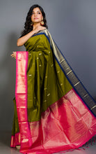 Blended Gadwal Silk Saree in Olive Green, Midnight Blue and Hot Pink