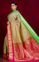 Blended Gadwal Silk Saree in Light Khaki Brown, Seafoam Green and Hot Pink