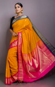 Blended Gadwal Silk Saree in Golden Yellow, Midnight Blue and Hot Pink