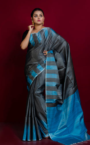 Soft Silk Kotki Border Kanchipuram Silk Saree in Charcoal Grey and Azure Blue