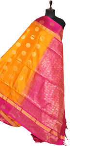 Premium Quality Soft Silk Nakshi Motif Work Border Kanchipuram Silk Saree in Orange Peel and Hot Pink