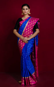 Soft Silk Floral Nakshi Motif Border Kanchipuram Silk Saree in Sapphire Blue, Hot Pink and Brush Gold