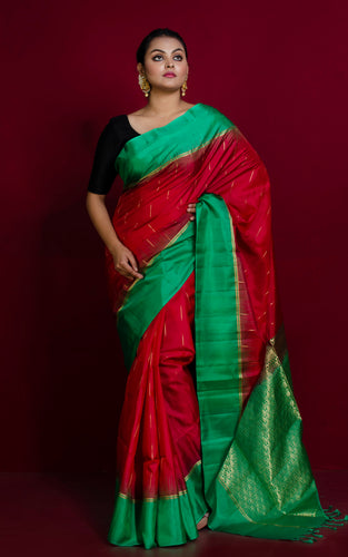 Premium Quality Soft Silk Kotki Border Kanchipuram Silk Saree in Cherry Red, Aquamarine Green and Rain Drop Woven Gold Zari Butta