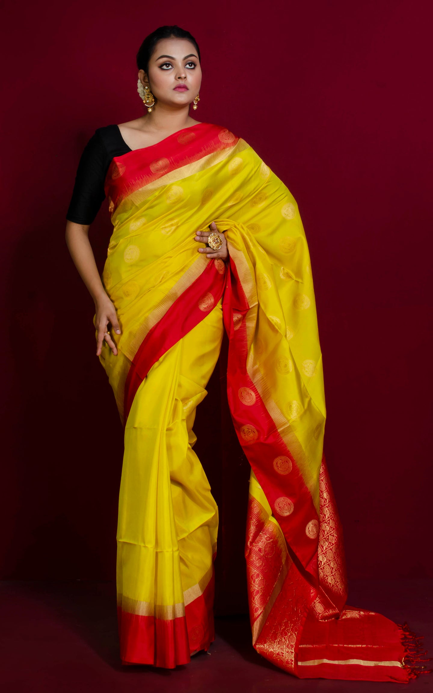 Premium Quality Soft Silk Nakshi Motif Work Border Kanchipuram Silk Saree in Bright Yellow and Red