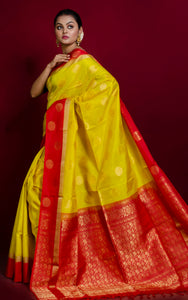 Premium Quality Soft Silk Nakshi Motif Work Border Kanchipuram Silk Saree in Bright Yellow and Red