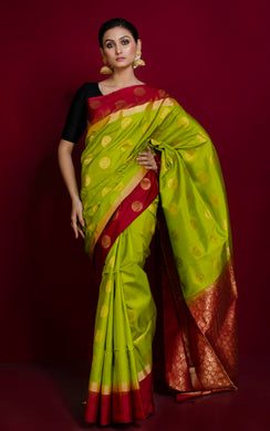 Premium Quality Soft Silk Nakshi Motif Work Border Kanchipuram Silk Saree in Chartreuse Green and Maroon