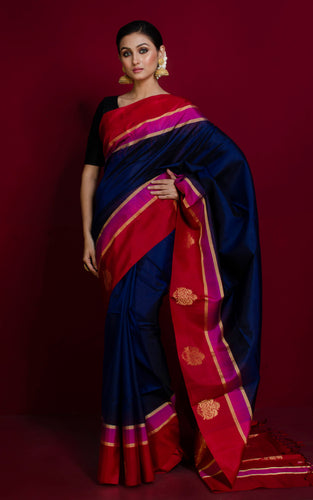 Soft Silk Metro Nakshi Border Kanchipuram Silk Saree in Dark Denim Blue, Bright Red, Fuchsia and Brush Gold