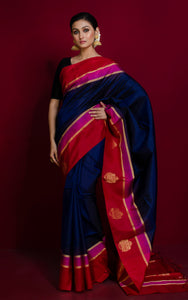 Soft Silk Metro Nakshi Border Kanchipuram Silk Saree in Dark Denim Blue, Bright Red, Fuchsia and Brush Gold