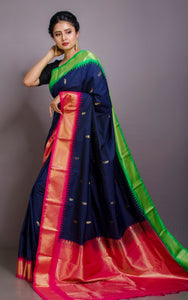 Blended Gadwal Silk Saree in Midnight Blue, Spring Green and Hot Pink