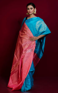 Soft Silk Poth Kanchipuram Silk Saree in Cyan, French Pink and Muted Gold