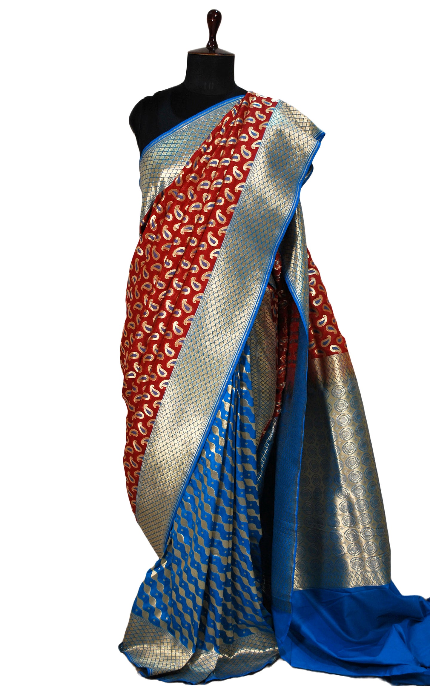 Patli Pallu Work Soft Designer Semi Katan Saree in Barn Red and Sapphire Blue