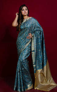 Premium Quality Tussar Silk Tanchui Brocade Saree in Slate Grey and Muted Golden