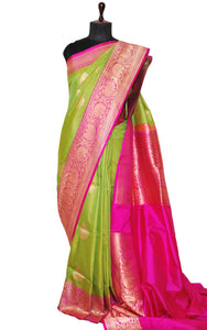 Premium Tussar Banarasi Silk Saree in Vibrant Green and Hot Pink