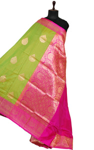Premium Tussar Banarasi Silk Saree in Vibrant Green and Hot Pink