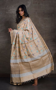 Exclusive Tussar Silk Embroidery Saree in Beige and Multicolored Thread Work