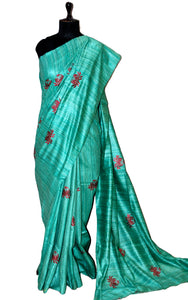 Embroidered Work Colored Gicha Tussar Silk Saree in Sea Green and Mahogany Red