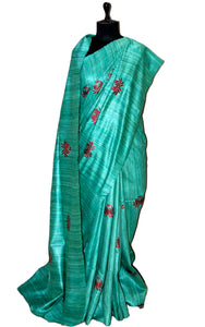 Embroidered Work Colored Gicha Tussar Silk Saree in Sea Green and Mahogany Red