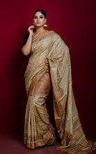 Hand Kantha Work Tussar Silk Saree in Beige, Brown with Multicolored Thread Work