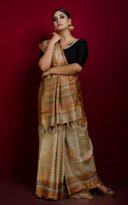 Hand Kantha Work Tussar Silk Saree in Beige, Brown with Multicolored Thread Work