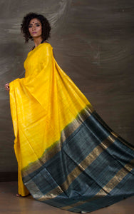 Pure Handloom Gicha Tussar Saree in Yellow and Metallic Grey