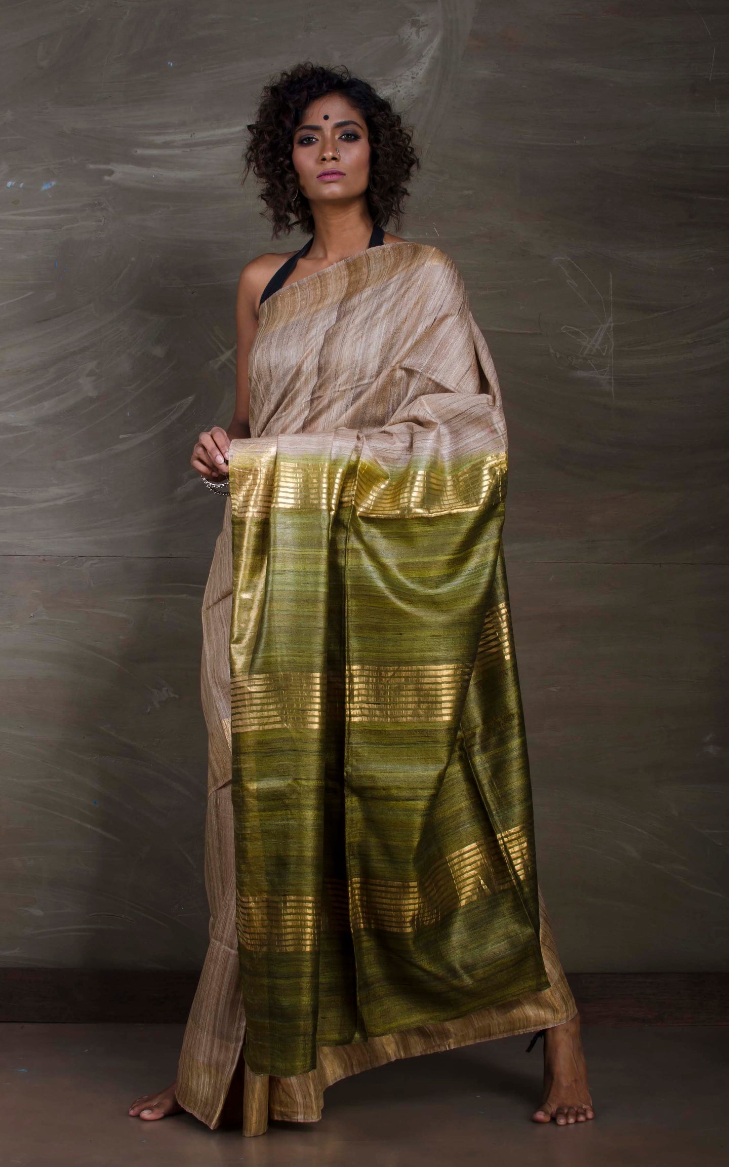 Pure Handloom Gicha Tussar Saree in Natural Colour and Moss Green