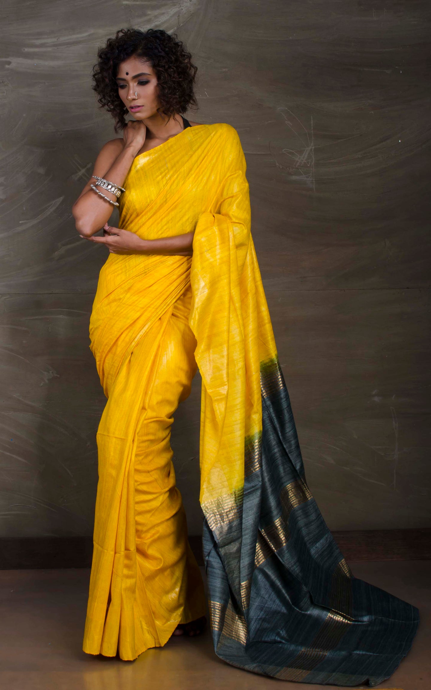 Pure Handloom Gicha Tussar Saree in Yellow and Metallic Grey