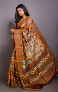 Kalamkari Printed Soft Tussar Silk Saree in Caramel Brown, Brush Gold and Multicolored