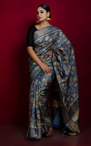 Kalamkari Printed Soft Tussar Silk Saree in VanDusen Blue, Beige and Brown