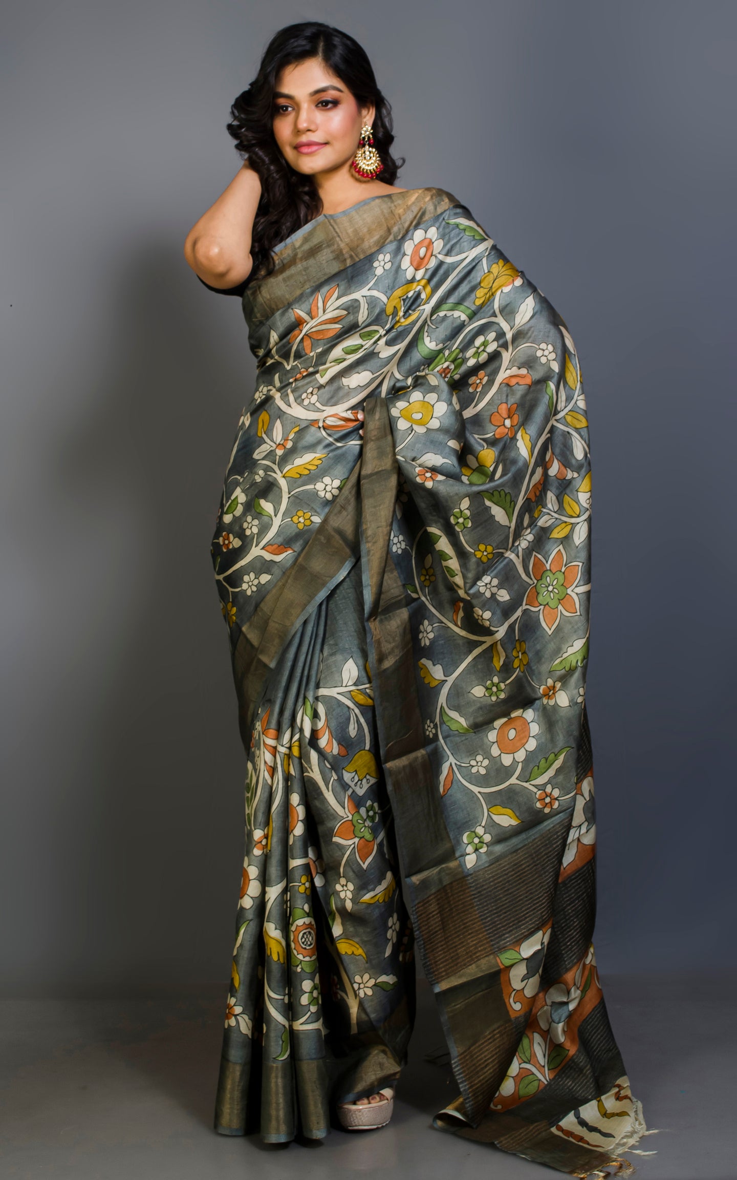 Printed Soft Tussar Silk Saree with Matte finish Zari Border in Slate Grey and Multicolored Prints