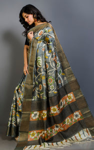 Printed Soft Tussar Silk Saree with Matte finish Zari Border in Slate Grey and Multicolored Prints