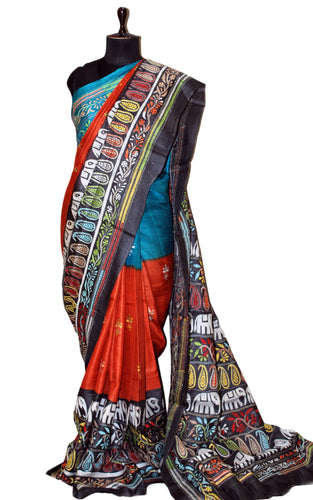 Hand Embroidery on Tie and Dye Gachi Tussar Silk Kantha Work Saree in Rust Orange, Cyan, Black and Multicolored  Thread Work