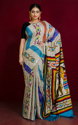 Hand Painted and Hand Embroidery Tussar Silk Kantha Work Saree in Beige and Multicolored