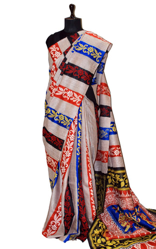 Hand Painted and Hand Embroidery Tussar Silk Kantha Work Saree in Natural Tussar and Multicolored