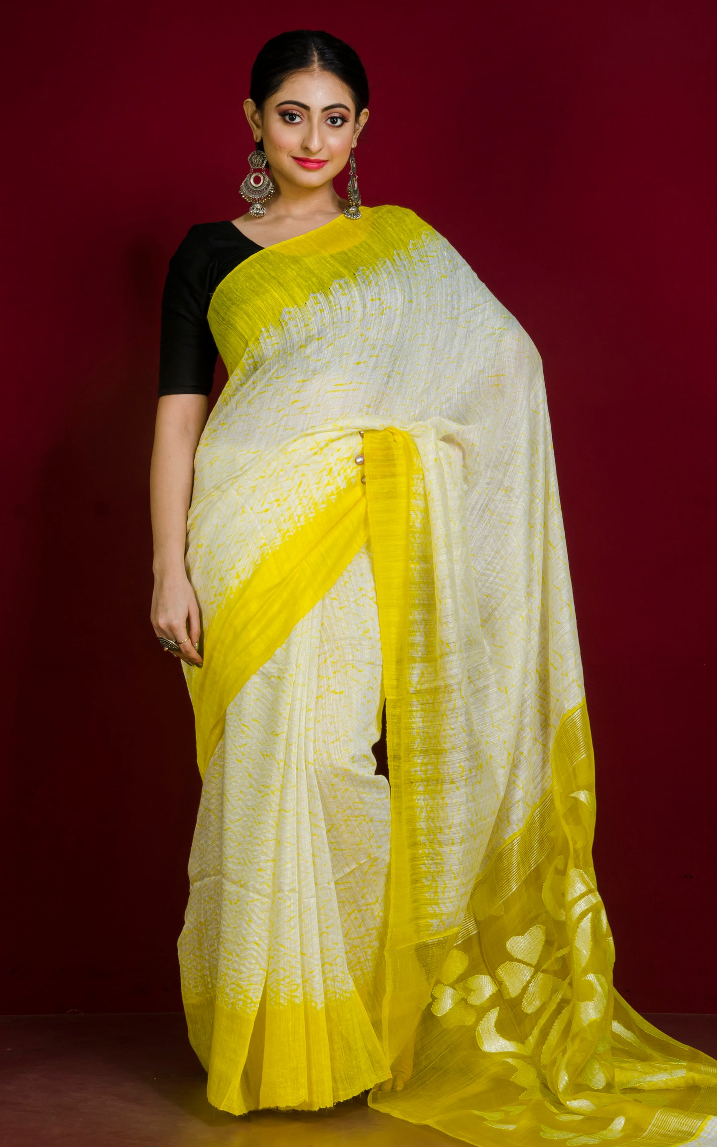 Pure Handloom Matka Shibori Jamdani Saree in Off White and Cadmium Yellow