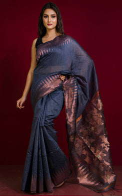 Crowned Temple Border Matka Tussar Silk Jamdani Saree in Slate Grey and Copper Zari Work