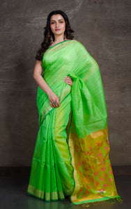 Pure Matka Tussar Silk Jamdani Saree in Light Green and Yellow