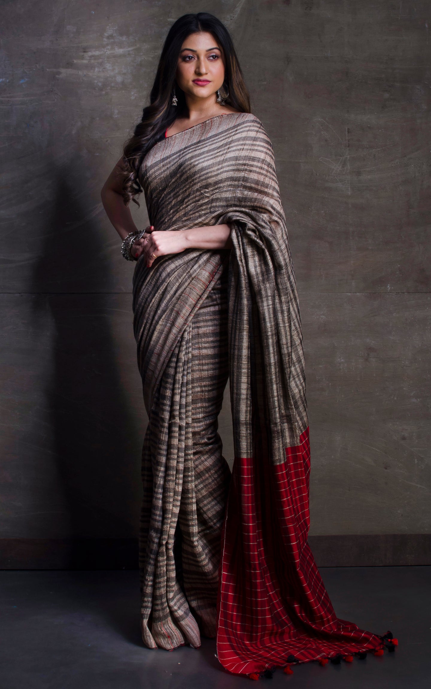 Soft Ketia Tussar Silk Saree in Beige, Black and Dark Red
