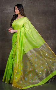 Pure Matka Tussar Silk Jamdani Saree in Banana Leaf Green and Yellow