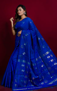 Premium Quality Kadiyal Dollar Butta Work Matka Tussar Saree in Royal Blue, Gold and Silver