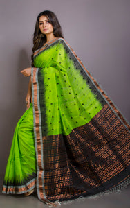 Super Soft Woven Sambalpuri Kotki Work on Medium Zari Nakshi Border Premium Matka Tussar Silk Jamdani Saree in Lawn Green and Black